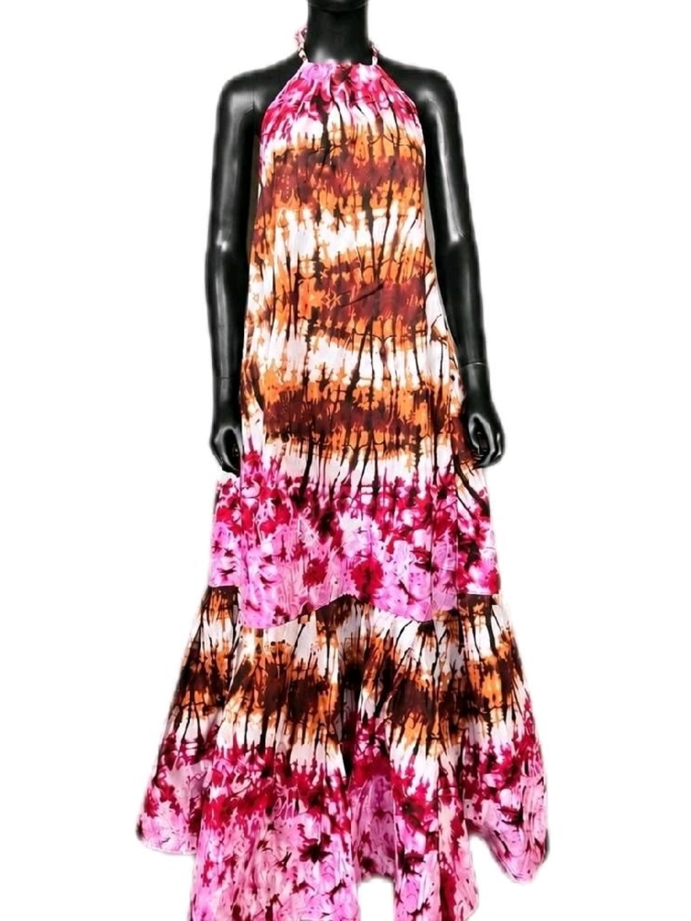 Small Ankara Tie-Dye Halter Maxi Dress in Pink and Brown- One Size Fits US 10-14